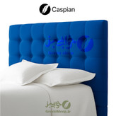 نمای نزدیک تاج مربع تخت باکس هتلی کاسپین با روکش پارچهای آبی و دوخت دقیق موجود در فروشگاه های خواب سبز