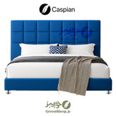 نمای روبرو تخت باکس هتلی با کلاف چوبی و پوشش پارچهای آبی ، مناسب کودک و بزرگسال موجود در فروشگاه های خواب سبز