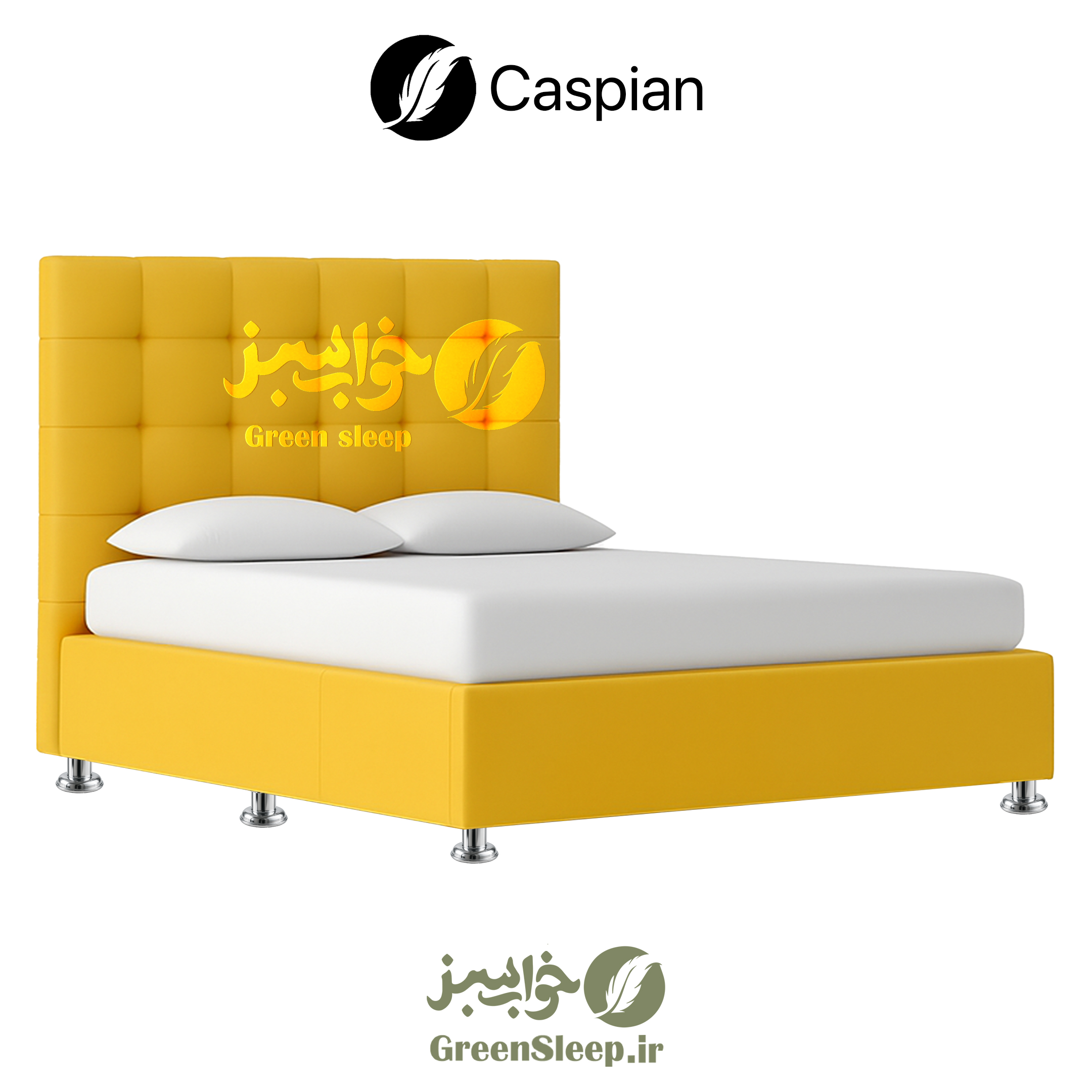 تخت باکس ثابت اقتصادی کاسپین با روکش پارچه‌ای زرد و تاج مربعی مینیمال موجود در فروشگاه های خواب سبز