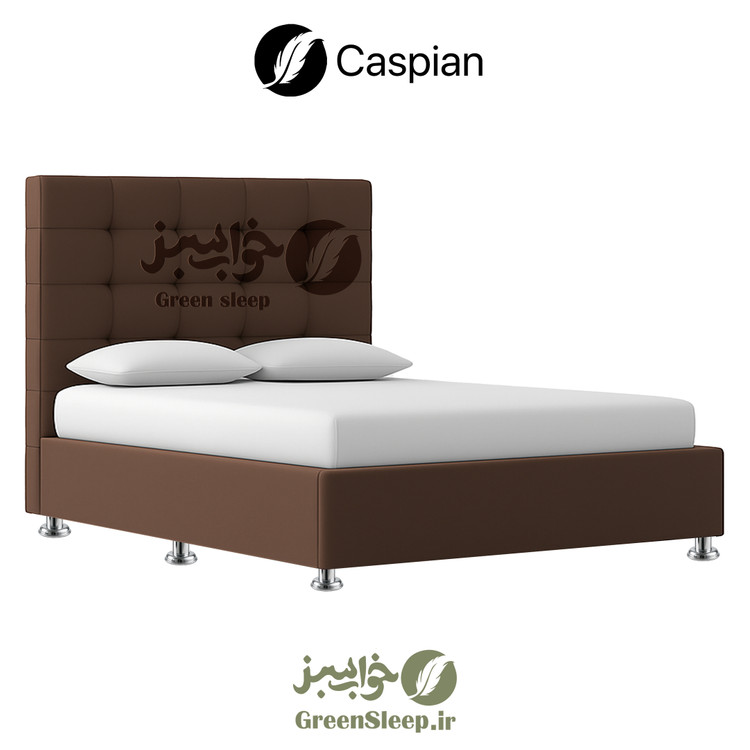تخت باکس هتلی کاسپین تکنفره با اسکلت چوبی و روکش پارچهای قهوه ای، مناسب منازل موجود در فروشگاه های خواب سبز