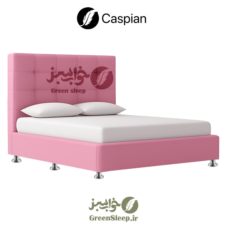 تخت باکس کاسپین با روکش صورتی، کلاف چوبی و تاج طرح مربع برای اتاق دخترانه موجود در فروشگاه های خواب سبز