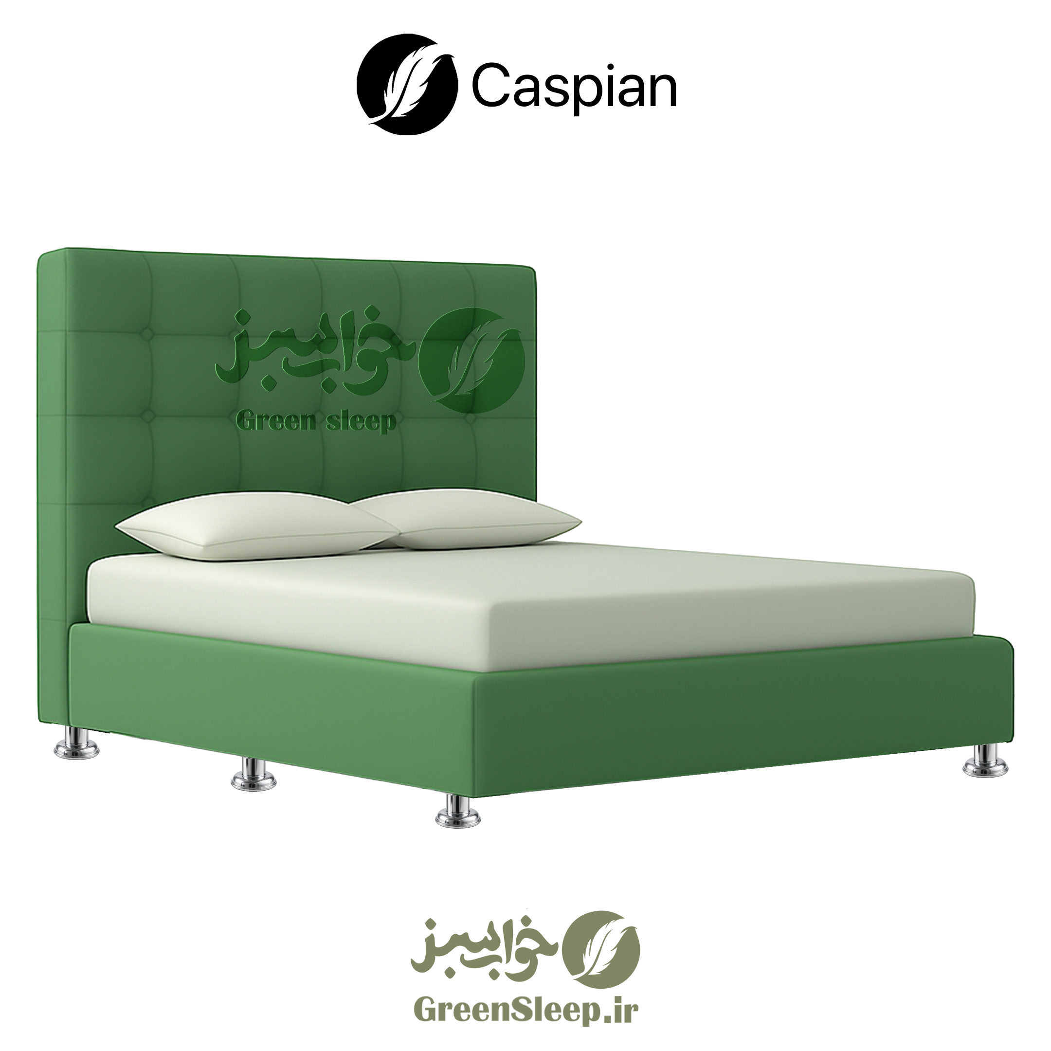 تخت باکس هتلی کاسپینسایز 120 تک‌نفره با اسکلت چوبی و روکش پارچه‌ای سبز، مناسب هتل و خوابگاه موجود در فروشگاه های خواب سبز