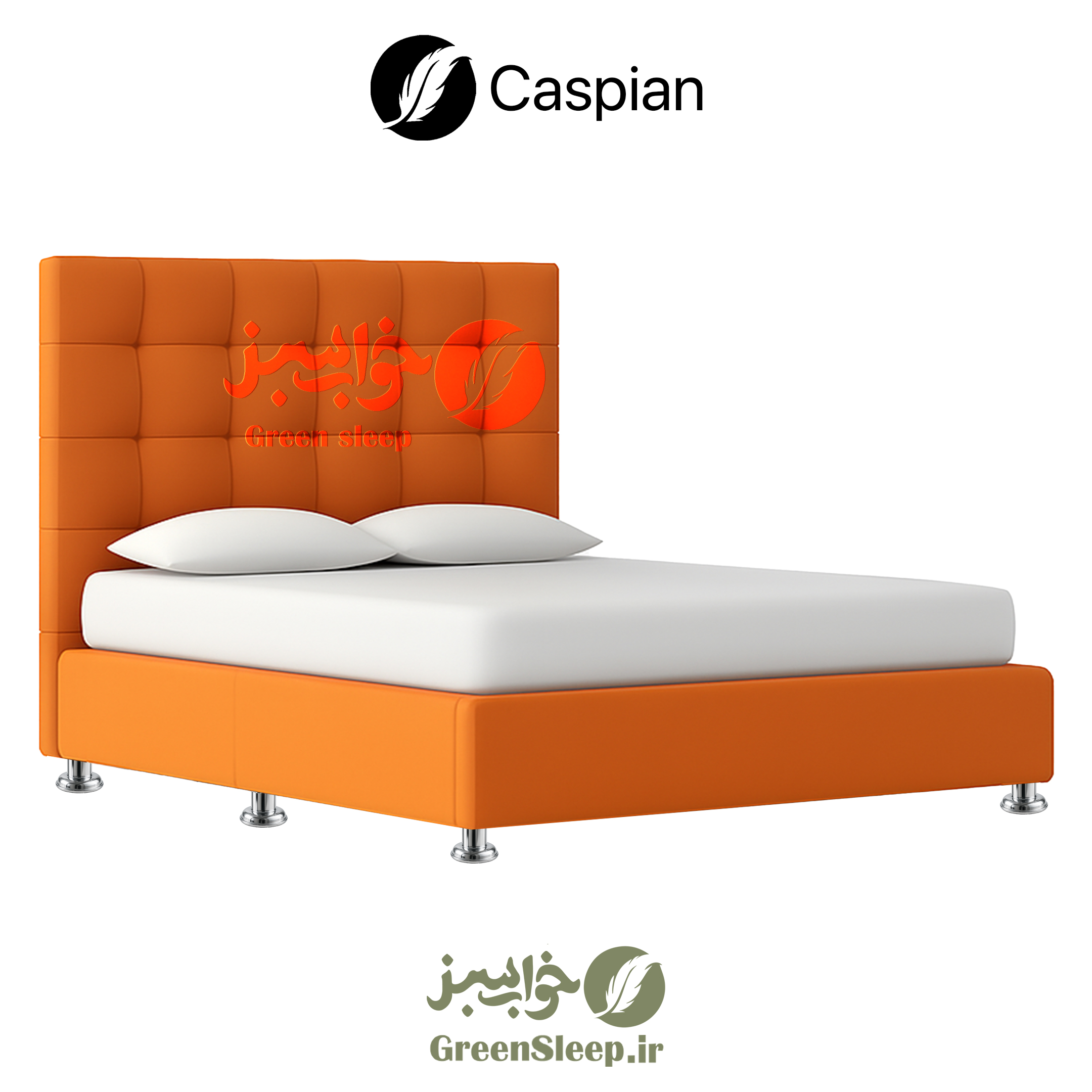 تخت باکس ثابت اقتصادی کاسپین سایز 120 با روکش پارچه‌ای نارنجی و تاج مربعی مدرن موجود در فروشگاه های خواب سبز